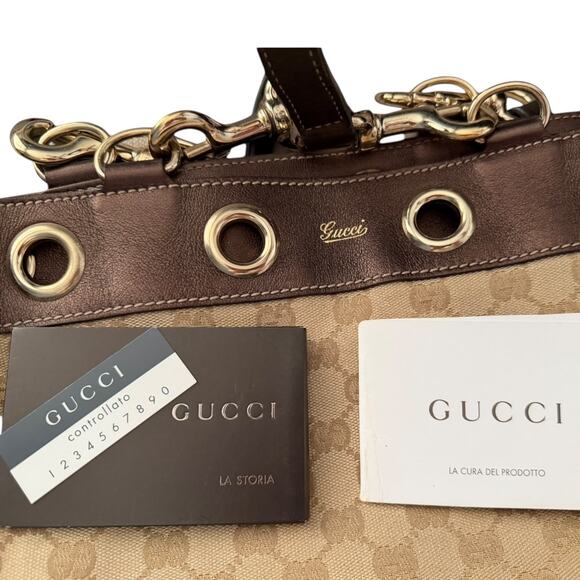 GUCCI Positano Tote Handbag Beige GG Logo Canvas Brown Leather Trim Authentic - Picture 4 of 14